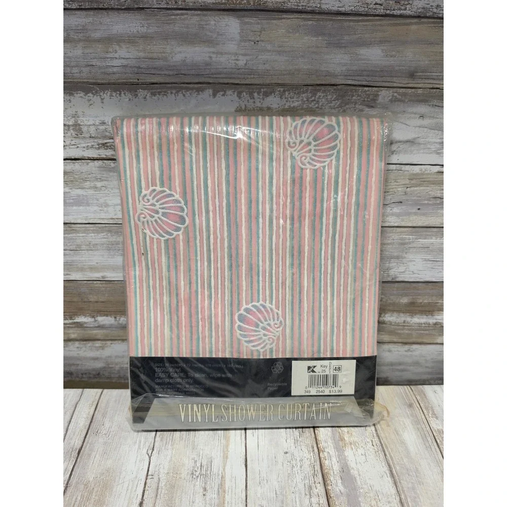 Vintage Kmart Shell Stripe Vinyl Shower Curtain Seashell Pastel Pink Blue 70x72